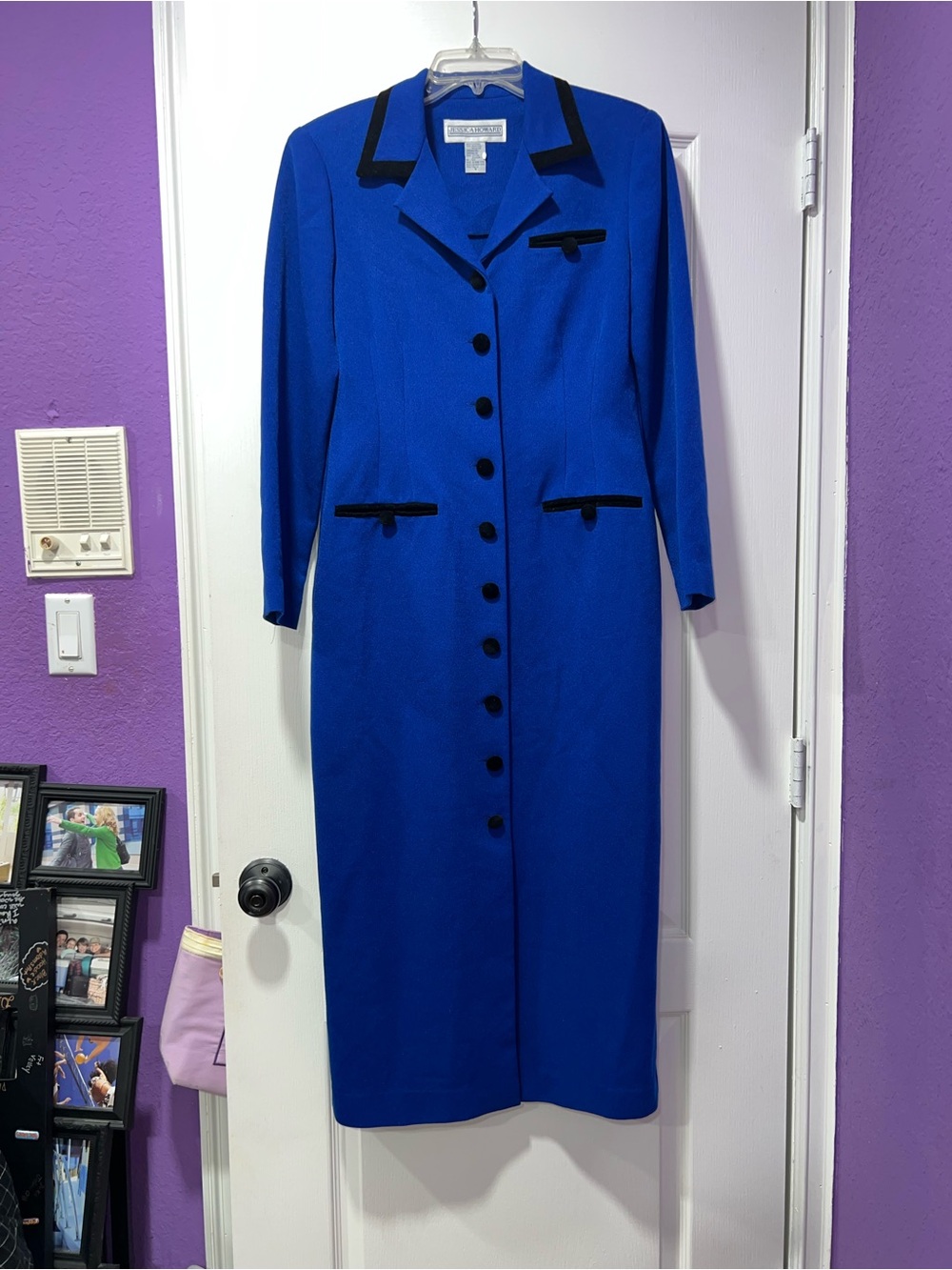 Vintage Jessica Howard Cobalt Blue Black Velvet Coat Dress Size 8